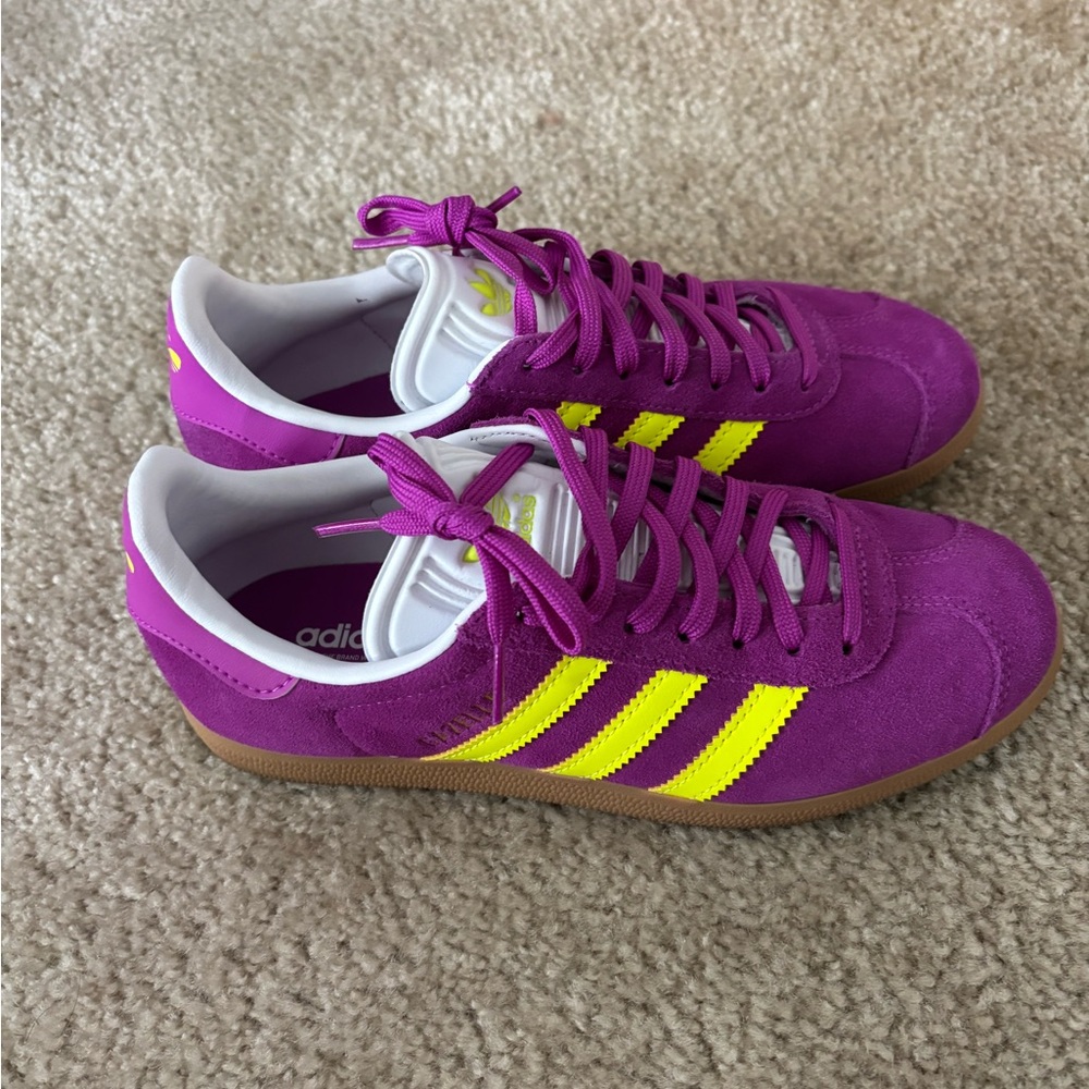 Adidas Purple and Yellow Sneakers with Classic Design